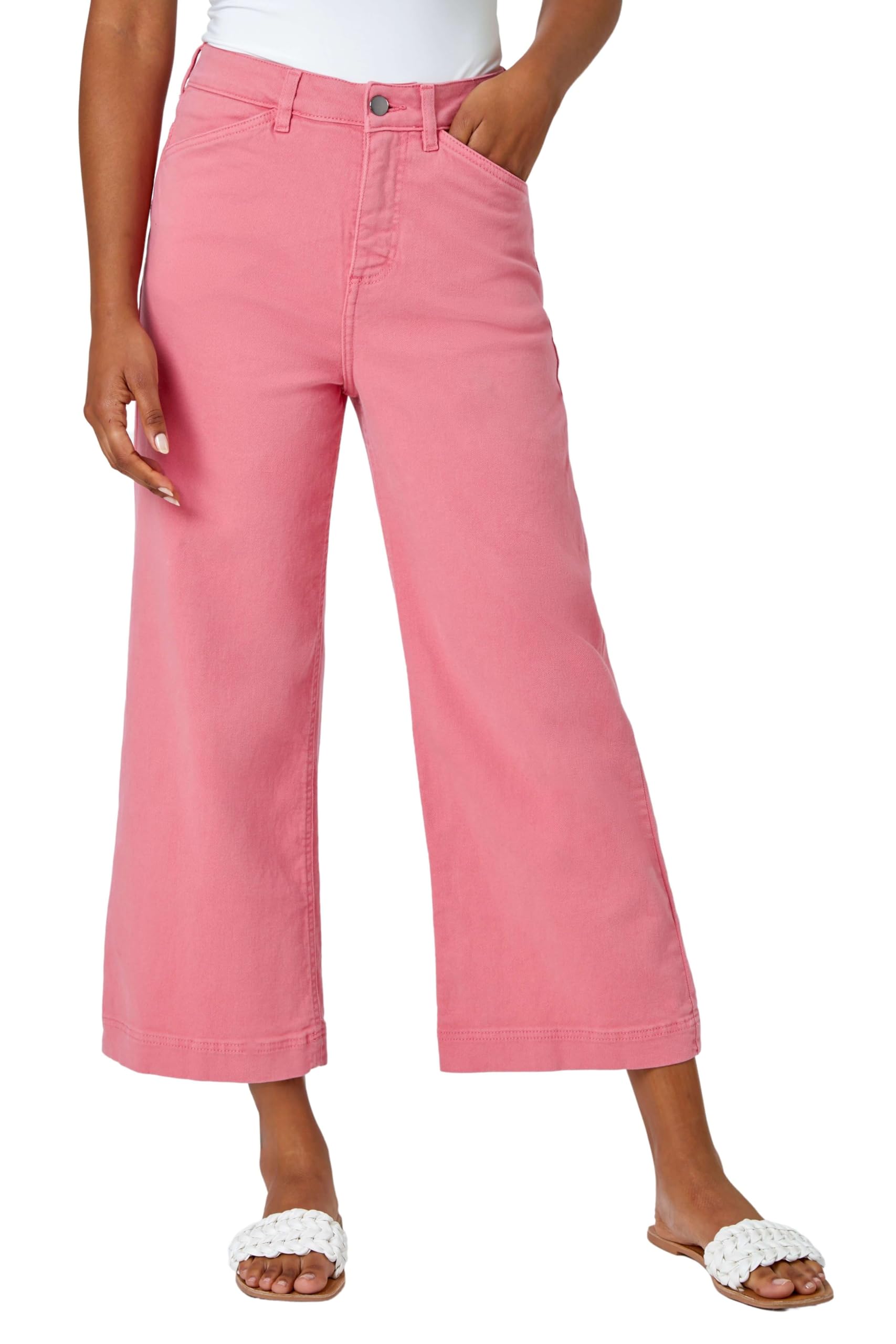 Roman Originials Denim Culottes for Women UK Ladies Cotton Cropped Trouser Wide Leg Jean Stretch Pants Capri 3/4 Length Three Quarter Summer Loose Casual Spring - Pink - Size 18