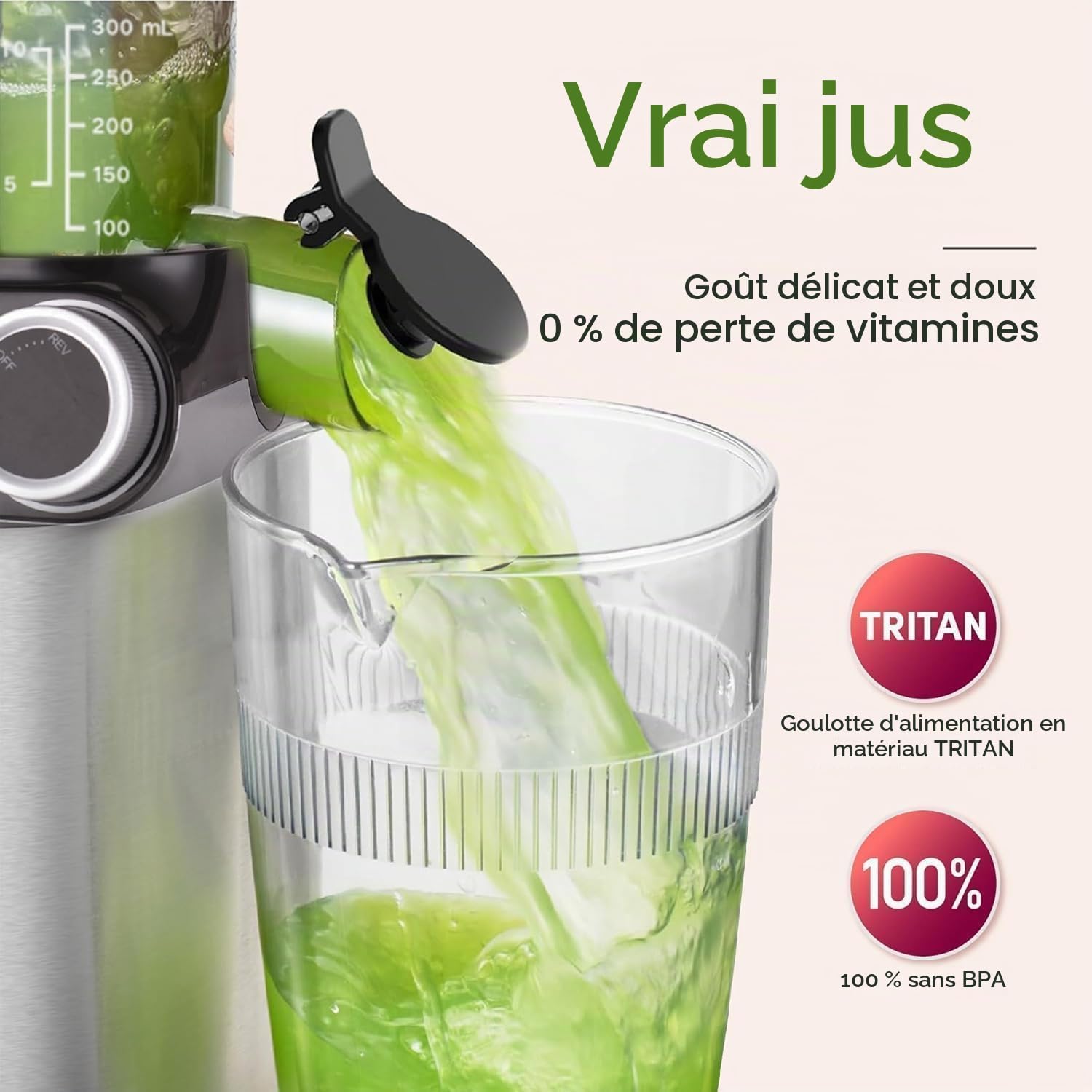 Anybear Extracteur de Jus à Froid, 200W Masticien Extracteur de Jus, 110cm Grande Gamelle pour Fruits et Légumes Entiers, Extracteur de jus Lent, Matériaux Tritan, Sans BPA (argent)
