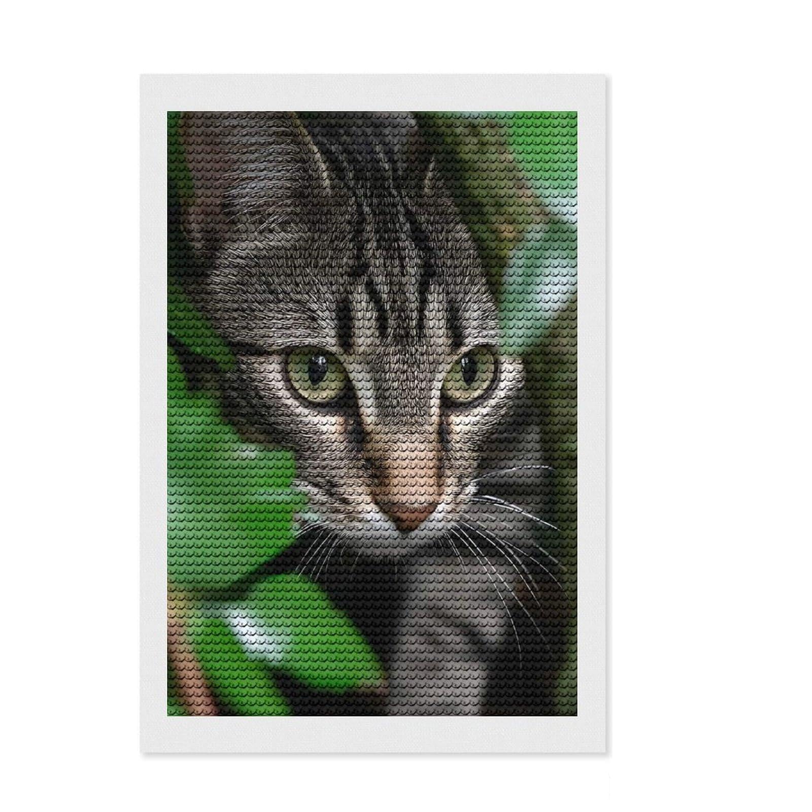 Junmoney Tabby Cat Peeking Through Greenery Diamond Art Canvas 8"x12", Satisfying Creative Project, Sparkling Round Gems, Stress Relief Craft, Office Decor