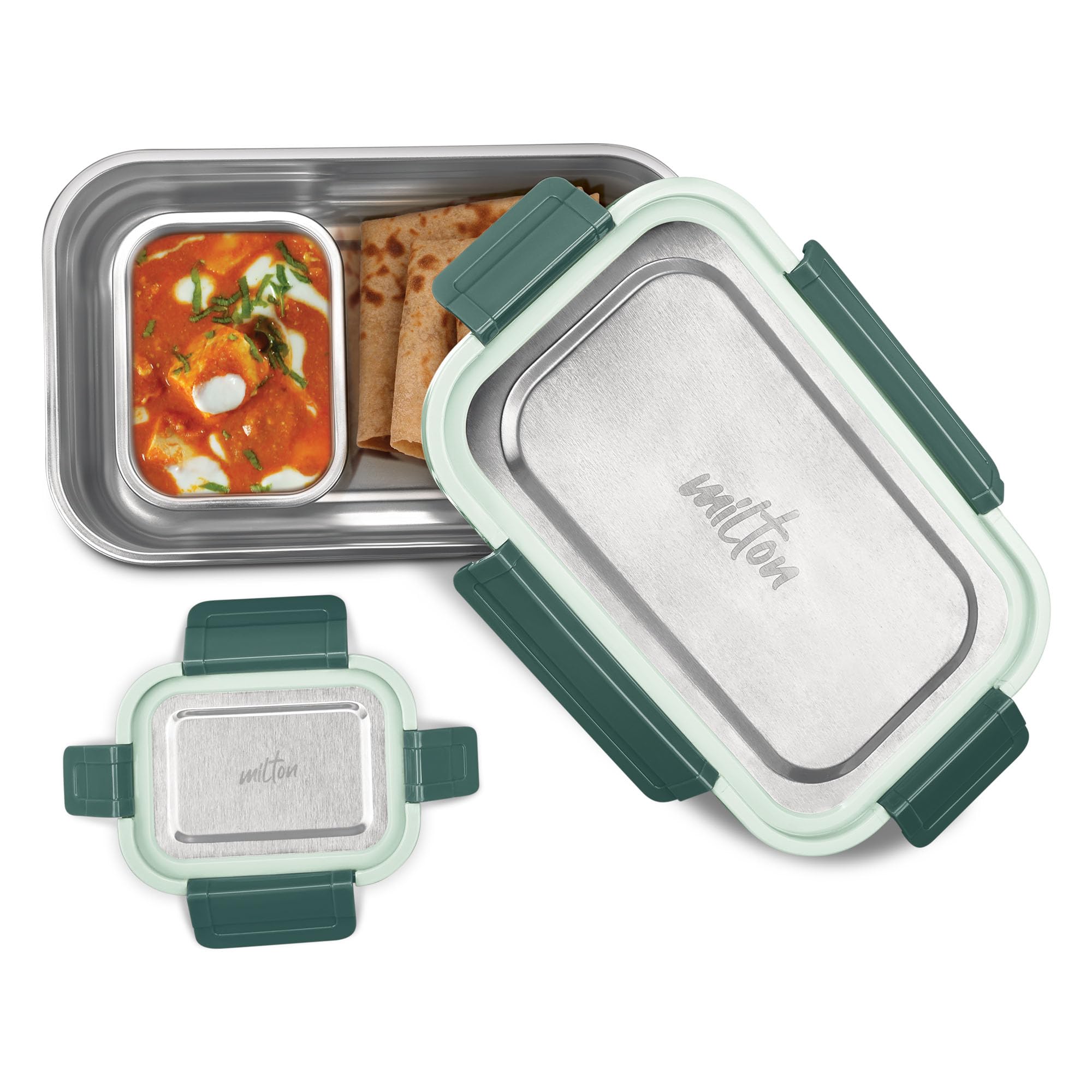 MILTON Home Meal Sr. Stainless Steel Airtight Leak-Proof Lunch Box, Snacks Tiffin for Kids, Light Weight, Easy to Clean, for Office, School, Picnic & Travelling Set of 2 (970,180 ml), Military Green