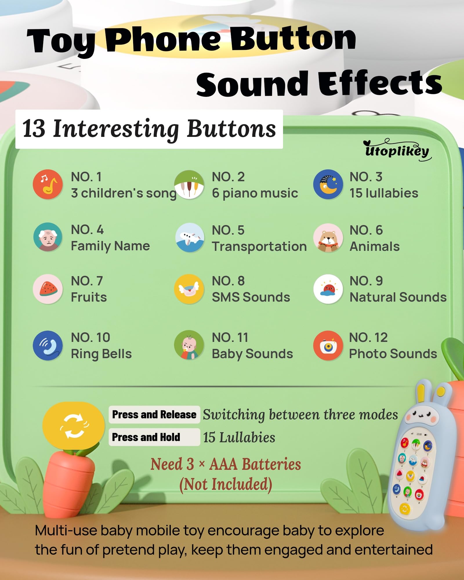 Juguete para teléfono celular para bebé con 12 modos de aprendizaje y canciones de cuna calmantes, carcasa suave para teléfono celular, juguetes sensoriales cómodos, regalo para bebés, baby 2