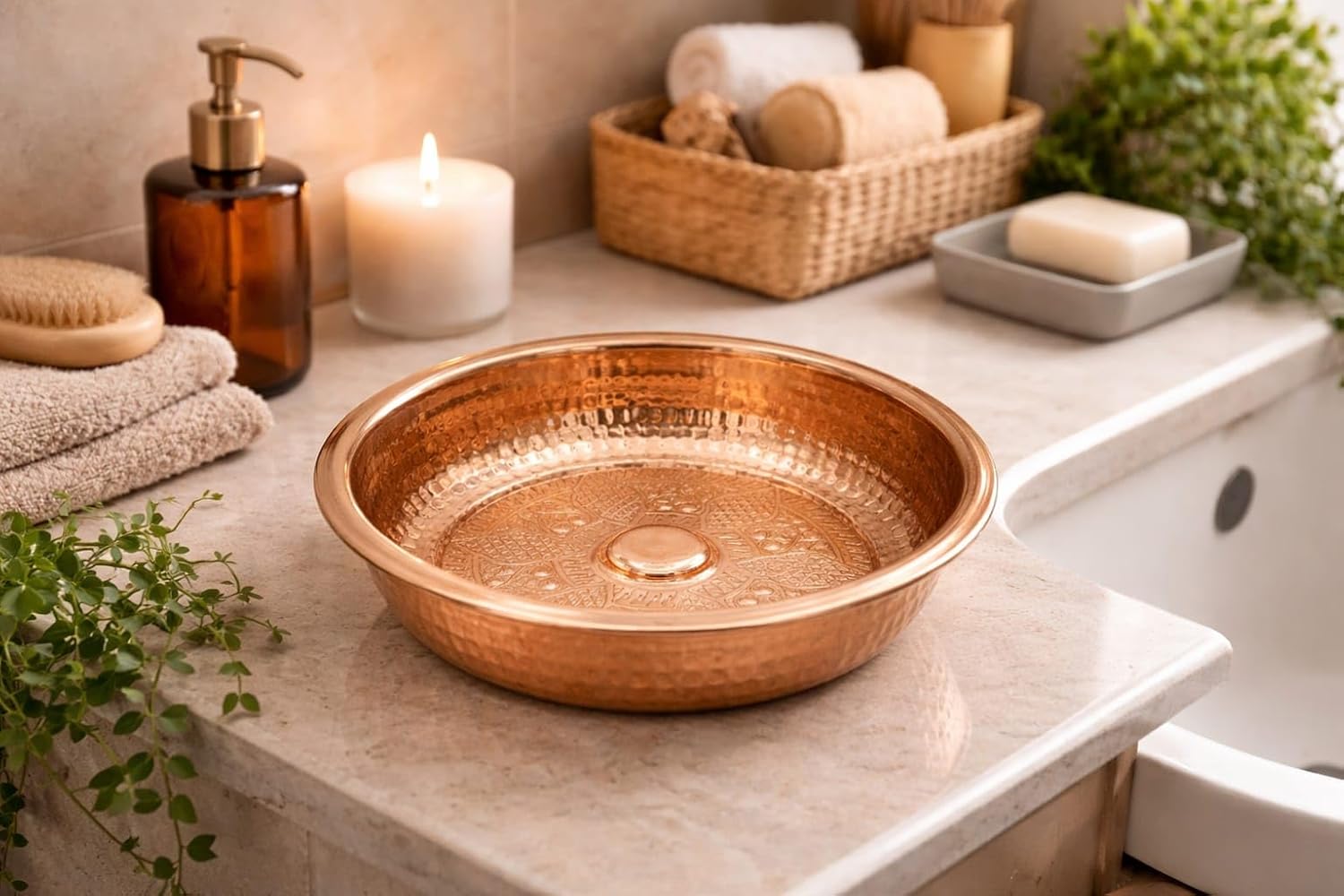 BAYKUL Turkish Hammam Copper Bath Bowl, Handcrafted Decorative Bowl, Traditional Handmade Construction, Diameter 8" Height 2.5"