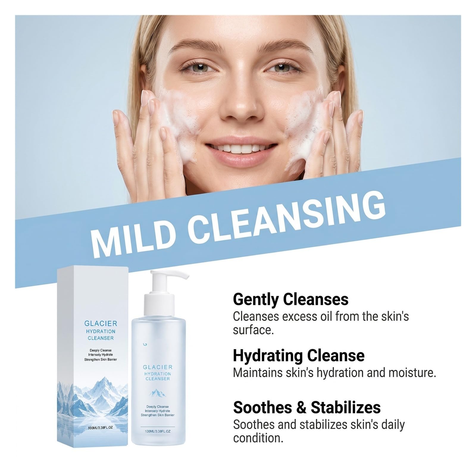 Detergente viso idratante glaciale da 100 ml | Controlla l'olio, pulisce i pori e fornisce un'idratazione liscia come la seta(3pcs)