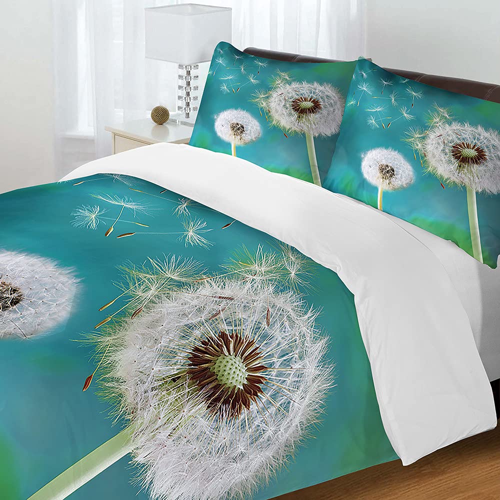 Surwin Men's Flying Duvet Cover Sets 3Pcs For Single Double Size, Microfiber 3D Dandelion Bedding Set Include Plant Printed Quilt Cover And 2 Pillowcases For King Super King Bed (,Double 200X200cm)