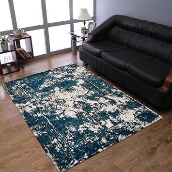 Rugsotic Carpets Machine Made HEATSET Polypropylene Area Rugs - 5x8, Rectangle Shape, Ivory Blue Color, Abstract Modern Design, Midium Pile Machine Made Area Rugs MX0022