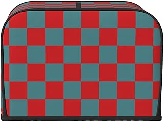 Teal And Fiery Red Checkered 4 Slice Bread Machine Cover With Pockets, Toaster Cover Fingerprint Protection/Machine Washab...