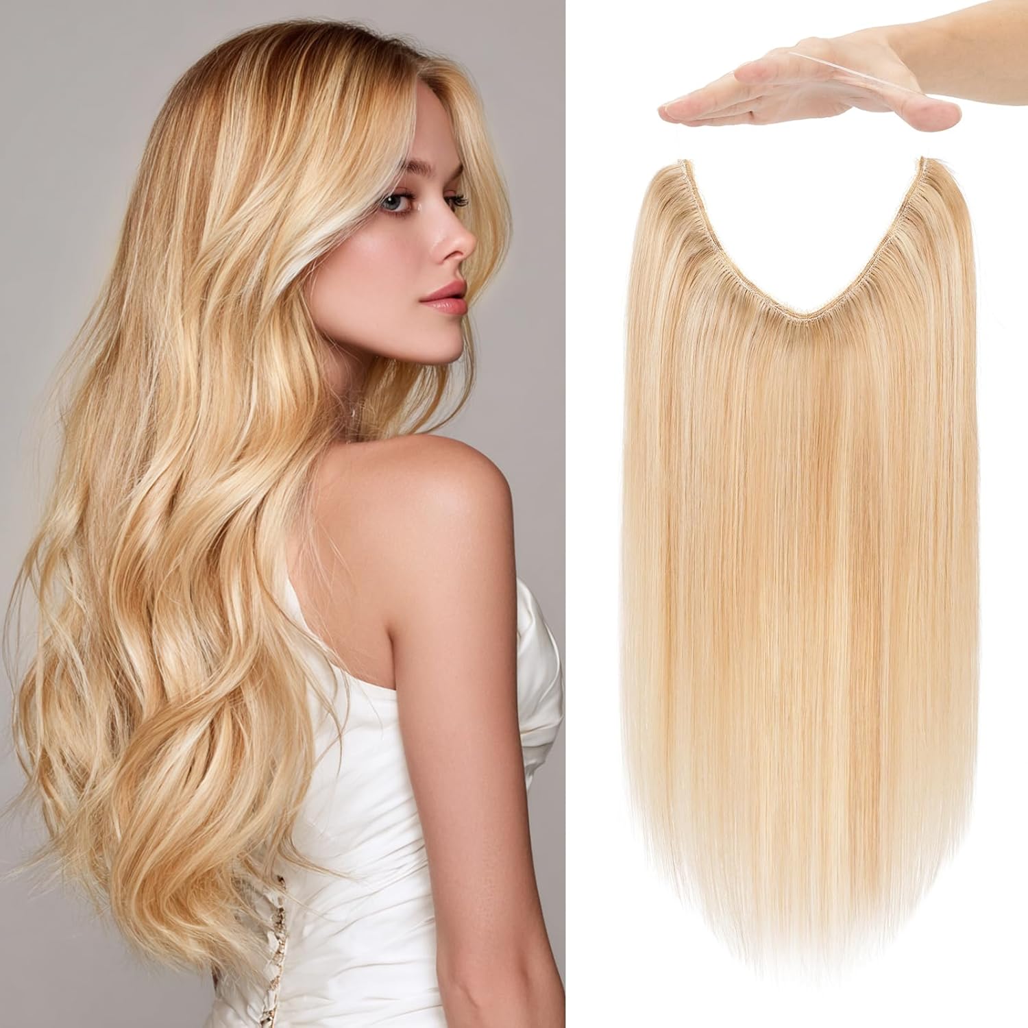 Halo Hair Extensions Real Human Hair Invisible Wire Extensions with Transparent Fish Line Adjustable Size Ash Blonde & Bleach Blonde 14 inch 14 Inch Ash Blonde & Bleach Blonde