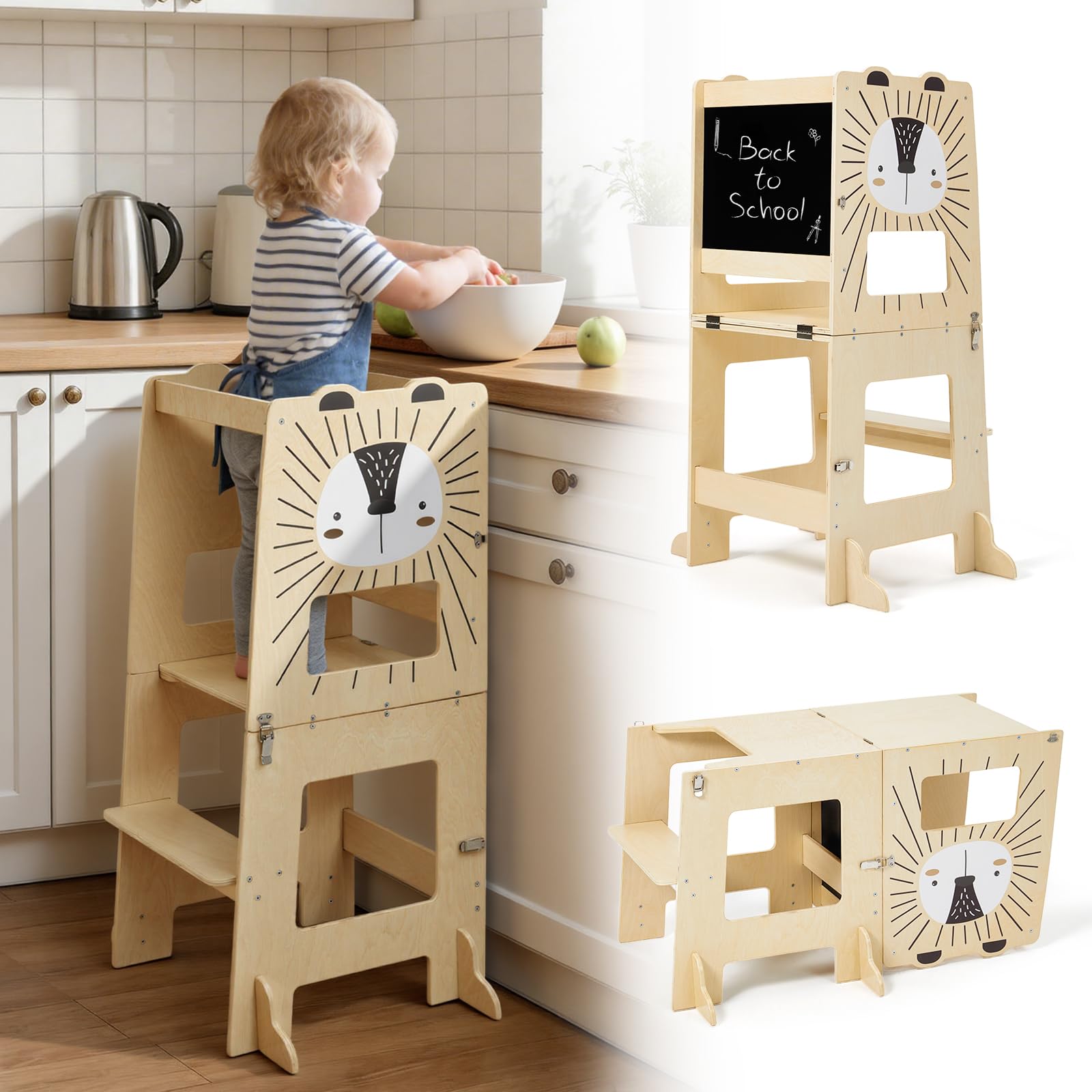 Toddler Kitchen Tower, Foldable Montessori Learning Standing Tower, 2-in-1 Toddler Kitchen Stool with Chalkboard Waldorf Kitchen Steps Helper Stool for Kids in Kitchen Bathroom and Kids Room (Lion)