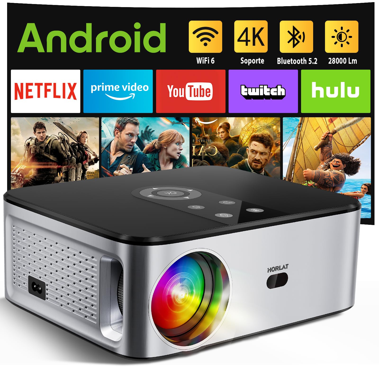 Proyector Portátil【Android TV & Auto Corrección】 Horlat 4K Soporte 6G WiFi Bluetooth,28000 Lúmenes 300'' Display Proyector, con una Aplicación Incorporada Netflix,Youtube,Prime Video +7000 APPS