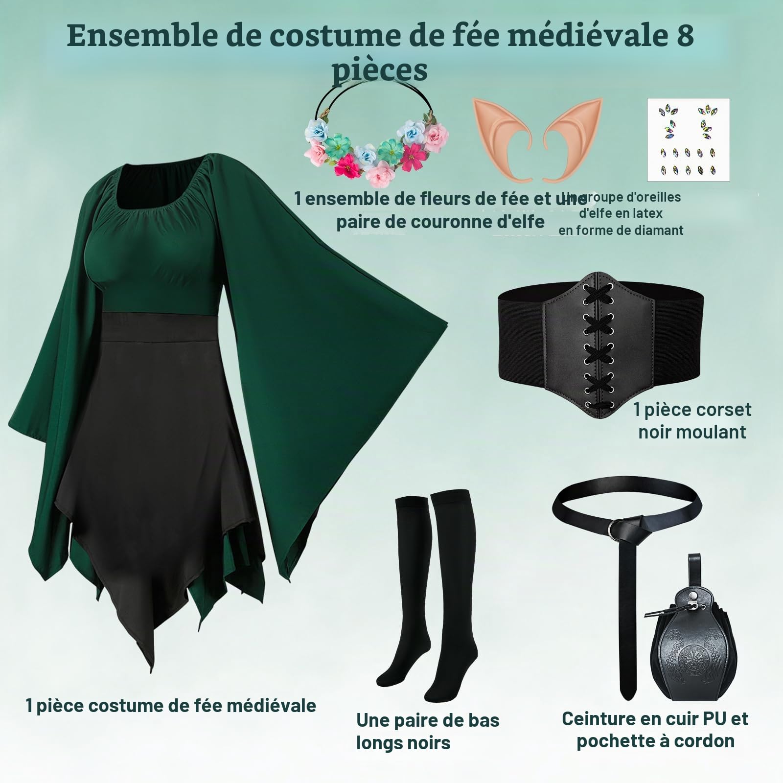 Lot de 8 robes médiévales pour femme - Robe irlandaise traditionnelle Renaissance avec oreilles d'elfe - Robe de cosplay victorienne d'Halloween