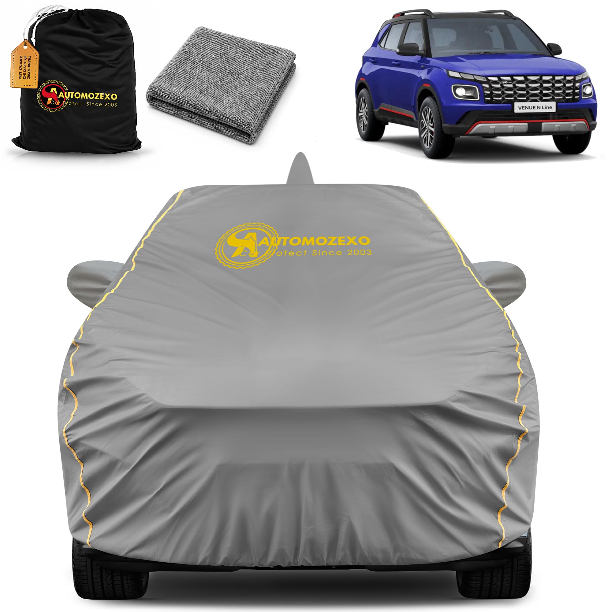 AUTOMOZEXO Hyundai Venue Car Cover for All Weather Protection with Mirror & Antena Pocket Inner Cotton Triple Stitched Waterproof Cover with Adjustable Belt Bottom Elastic to Secure Fit (Grey)-image-15