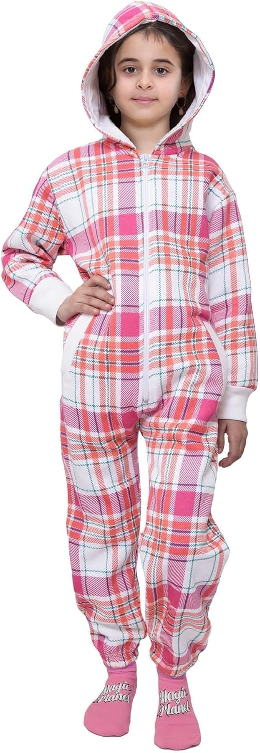 A2Z 4 Kids Onesie One Piece Super Soft Kids Comfy Jumpsuit Fleece Hooded Onesie Loungewear Pyjamas Sleepsuit Pink Check