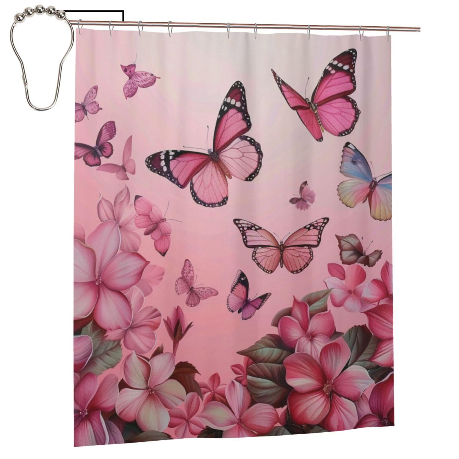 BWWHCCTI Butterflies Printed Shower Curtain With 12 Iron Hooks Opaque Quick Drying Waterproof Shower Curtains Sets For Bathroom 152x183 Cm