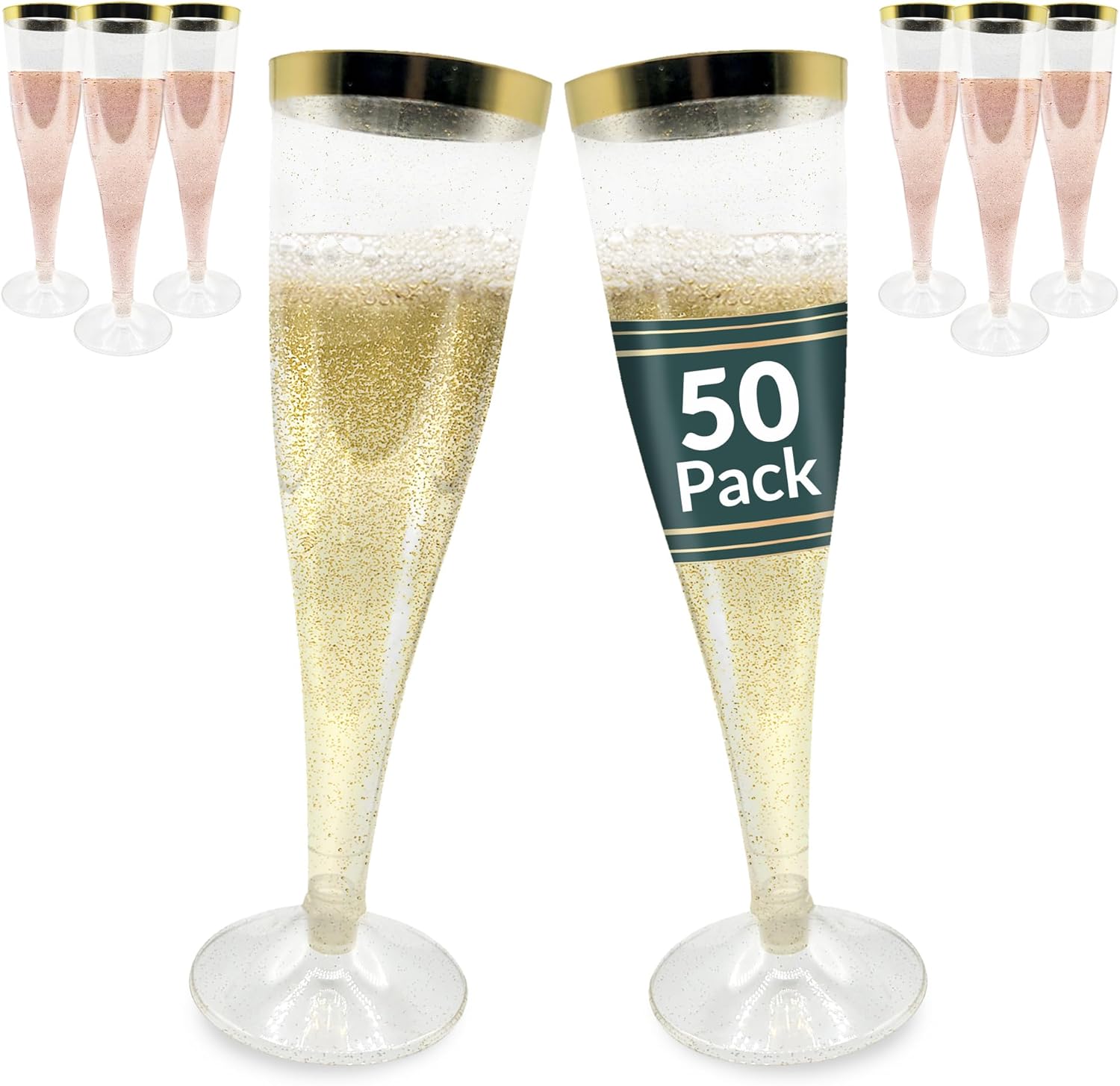 Reli. Plastic Champagne Flutes (50 Pack, 4.5oz) Gold Rim & Glitter | Disposable Champagne Flutes for Champagne, Mimosa, Cocktail, Wedding | BPA-Free Plastic Champagne Glasses Disposable, Shatterproof