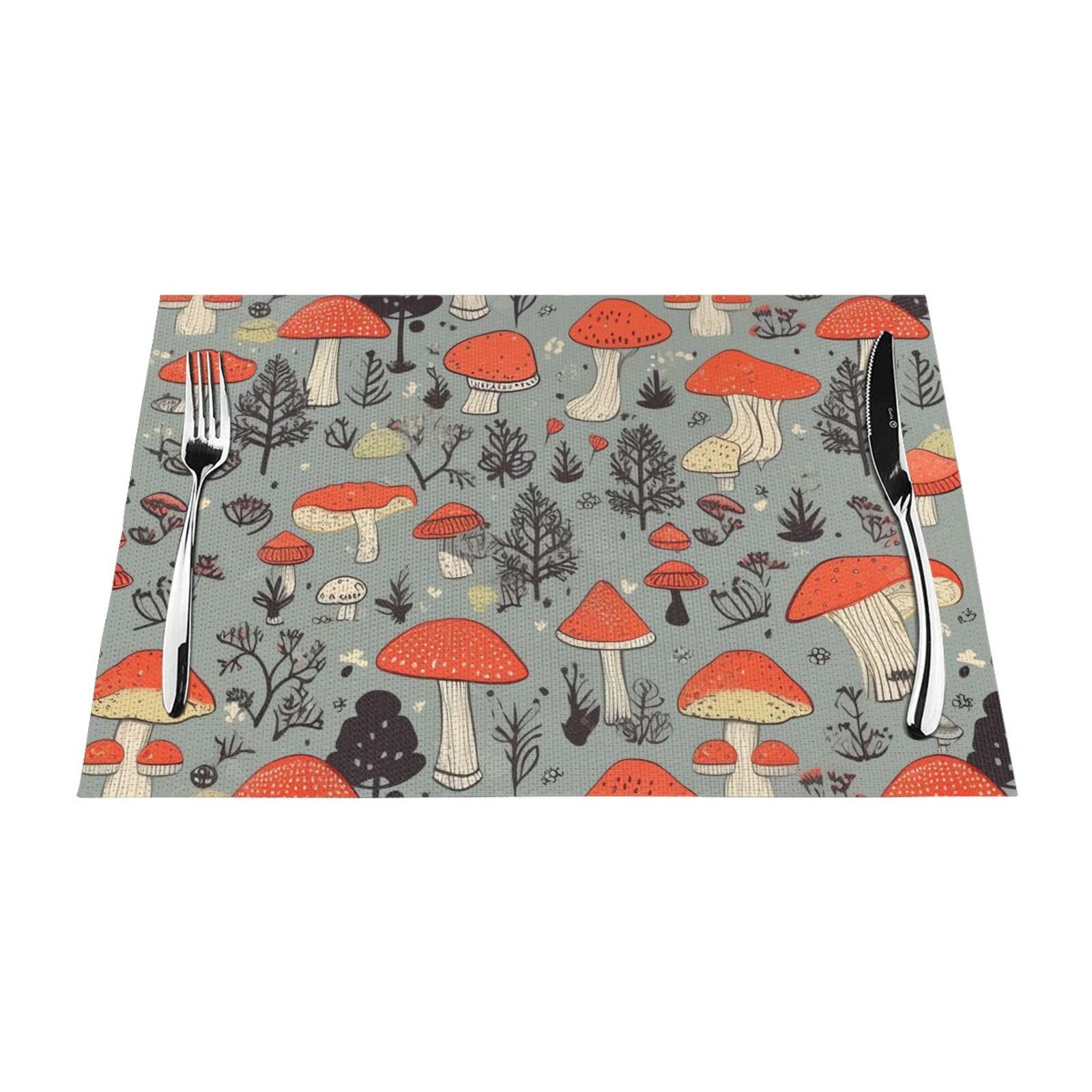 Mushroom Placemats Set of 1 - Woven Vinyl Kitchen Table Placemats - Heat Resistant Non-Slip Place Mats for Dining Table, Washable Indoor Outdoor Table Mats 12x18 Inch