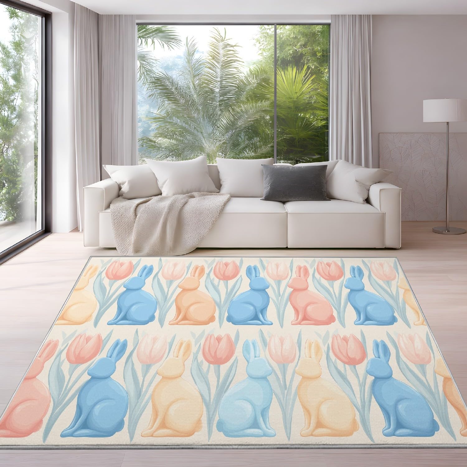 Multicolore Tapis Minimaliste 90 x 150 cm, Décoration D'Intérieur, Tapis Moderne Lapin Floral pour Salon, Chambre À Coucher, Tapis D'Intérieur Lavable Et Antidérapant À Poils Ras pour Entrée