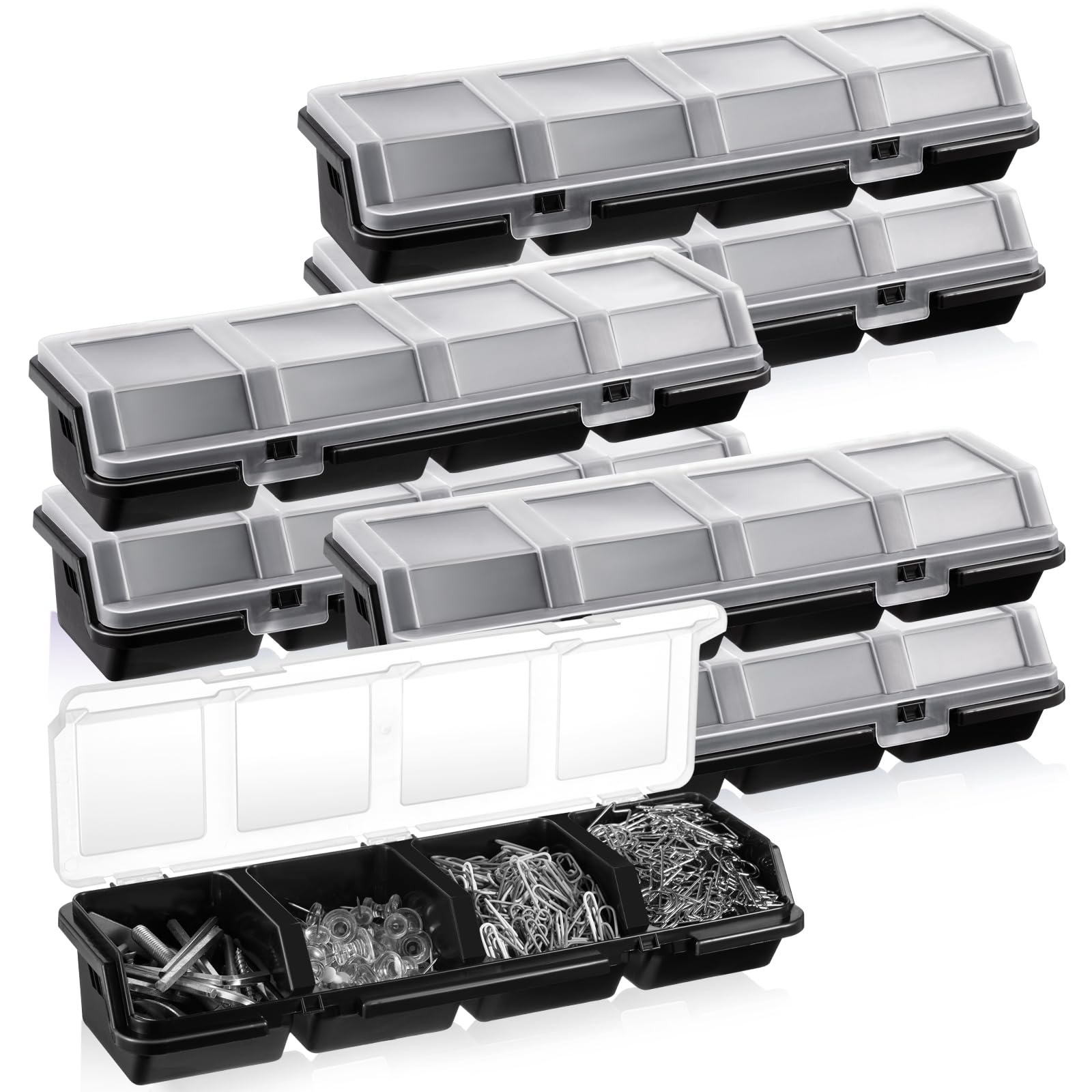 Hushee Confezione da 6 scatole organizer per viti con coperchio, 4 scomparti, divisore per piccoli oggetti, organizer per riporre oggetti, per garage, artigianato, hardware, banco da lavoro (nero)
