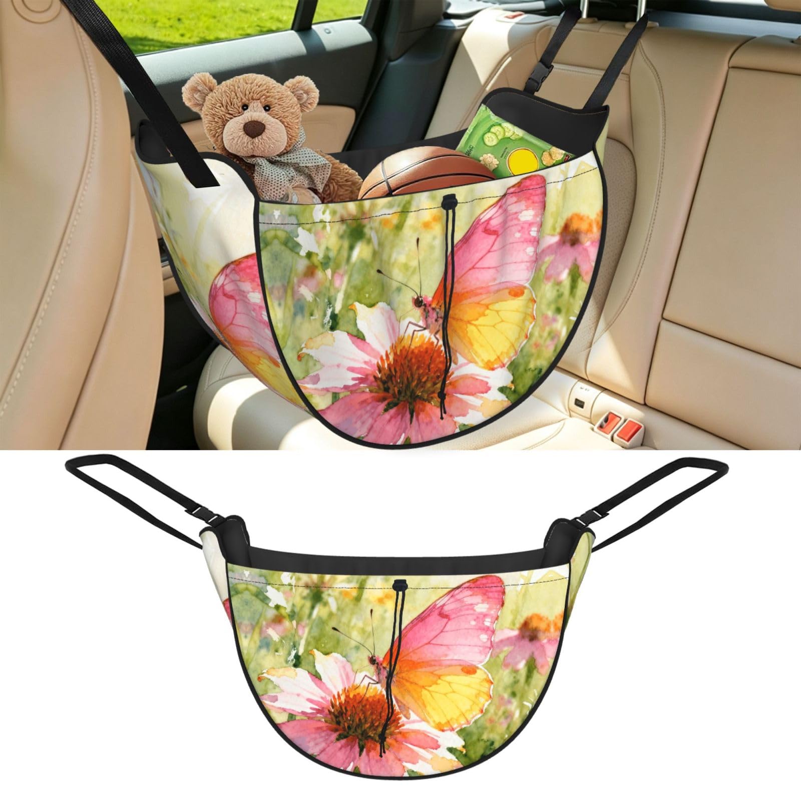 Cntdbu Black Butterflies And Wildflowers Car Seat Organizer-Backseat Storage Bag For Travel