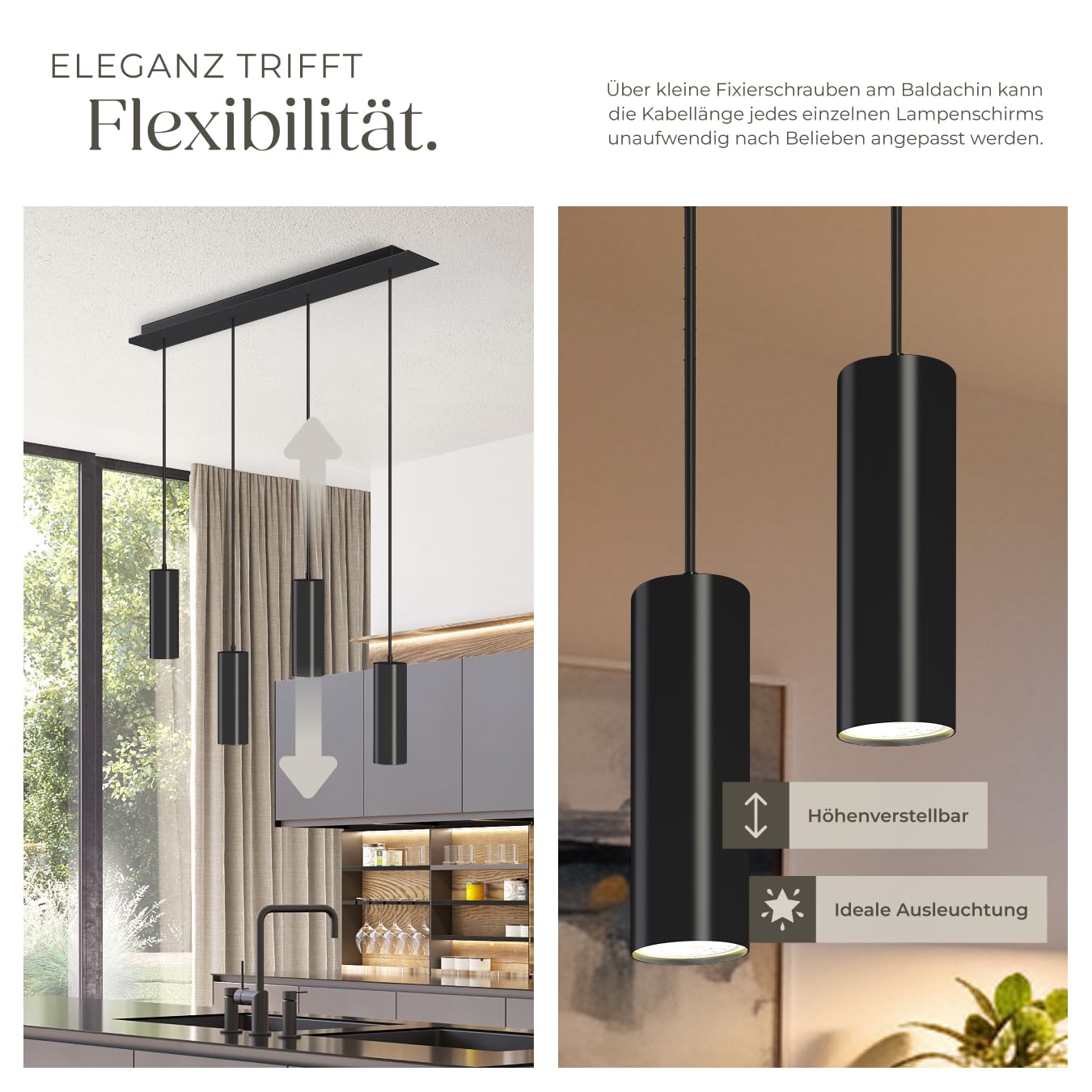 tectake® moderne Pendelleuchte, Deckenlampe schwarz, Deckenleuchte 4-flammig, höhenverstellbare Pendel Hängelampe für Esstisch, Küche, Wohnzimmer, als Flurlampe, Schlafzimmerlampe