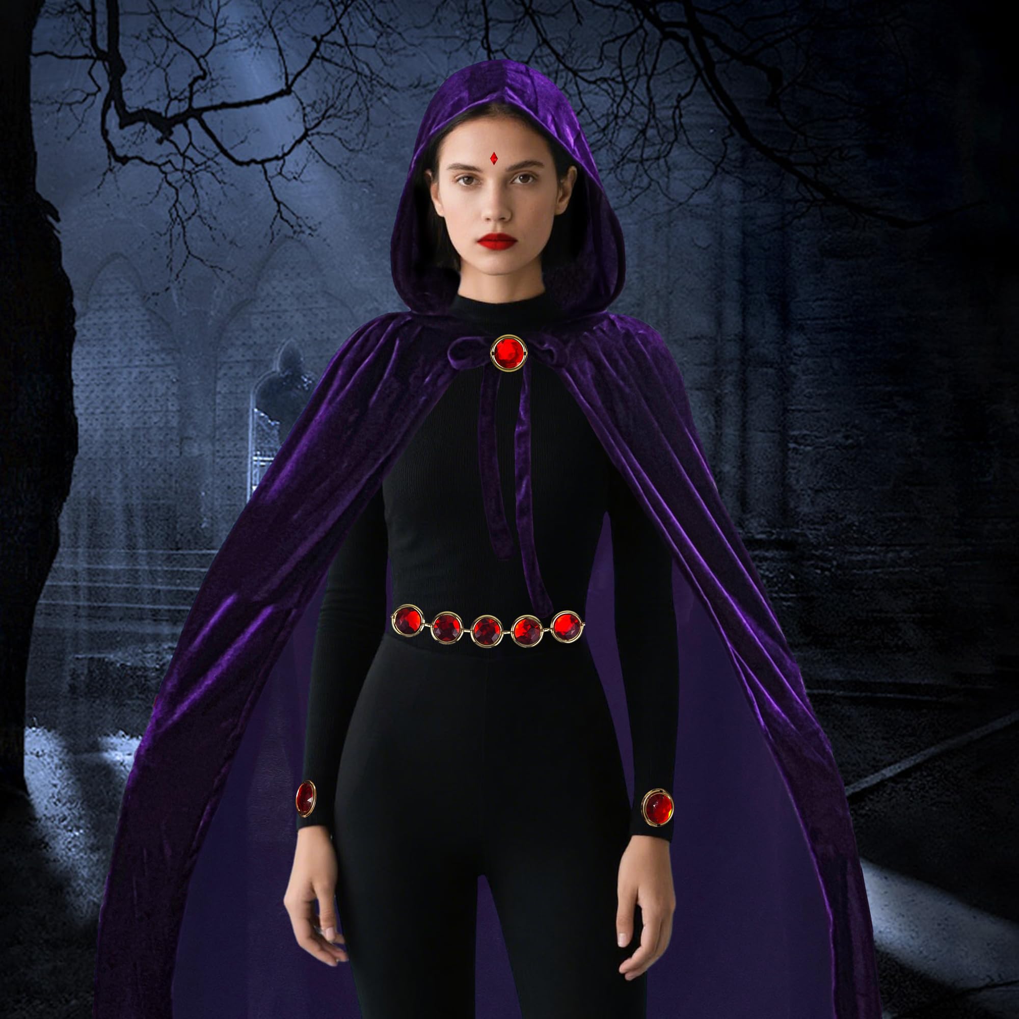 Mantello viola con pietra rossa e cintura in vita, mantello viola con cappuccio, accessori per costume di Halloween da donna