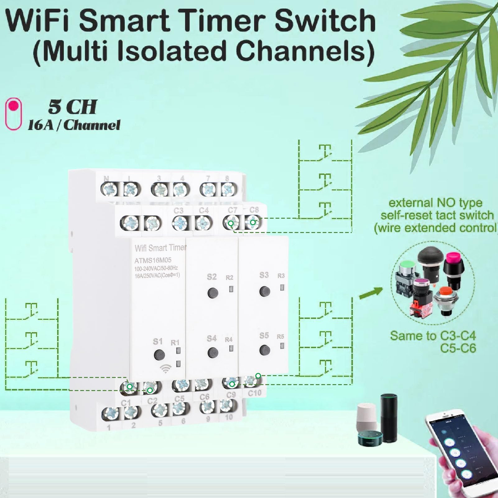 SEAFRONT Smart WiFi Time 5 Canali Isolati Interruttore Esterno Programmabile Controllo Vocale Remoto Supporto per L'APP Tuya