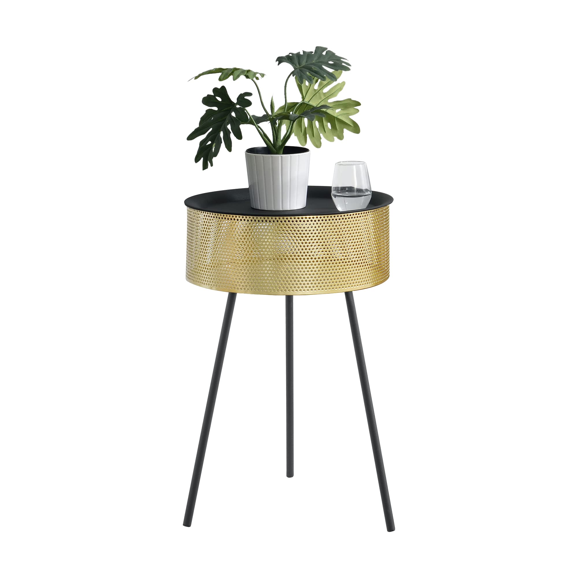 [en.casa] Tavolino da Salotto (AxØ) 65 x 40 cm con Contenitore Color Oro e Piano Tondo Rimovibile, Tavolino Basso in Metallo di Stile Treppiedi - Nero/Oro