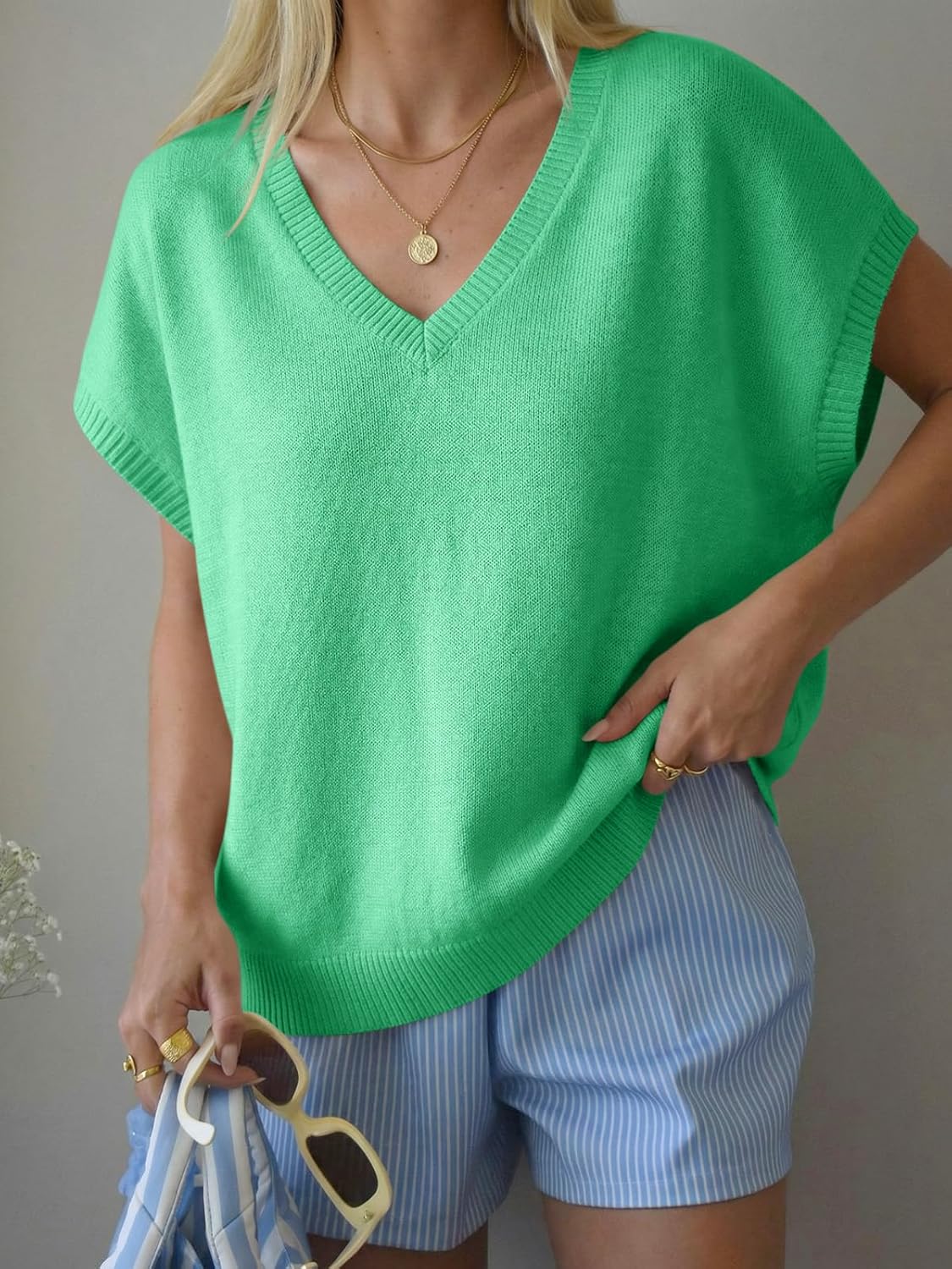 Saodimallsu Womens Oversized Sweaters Batwing Short Sleeve Lightweight V Neck Casual Summer Knit Pullover Tops - Image 3