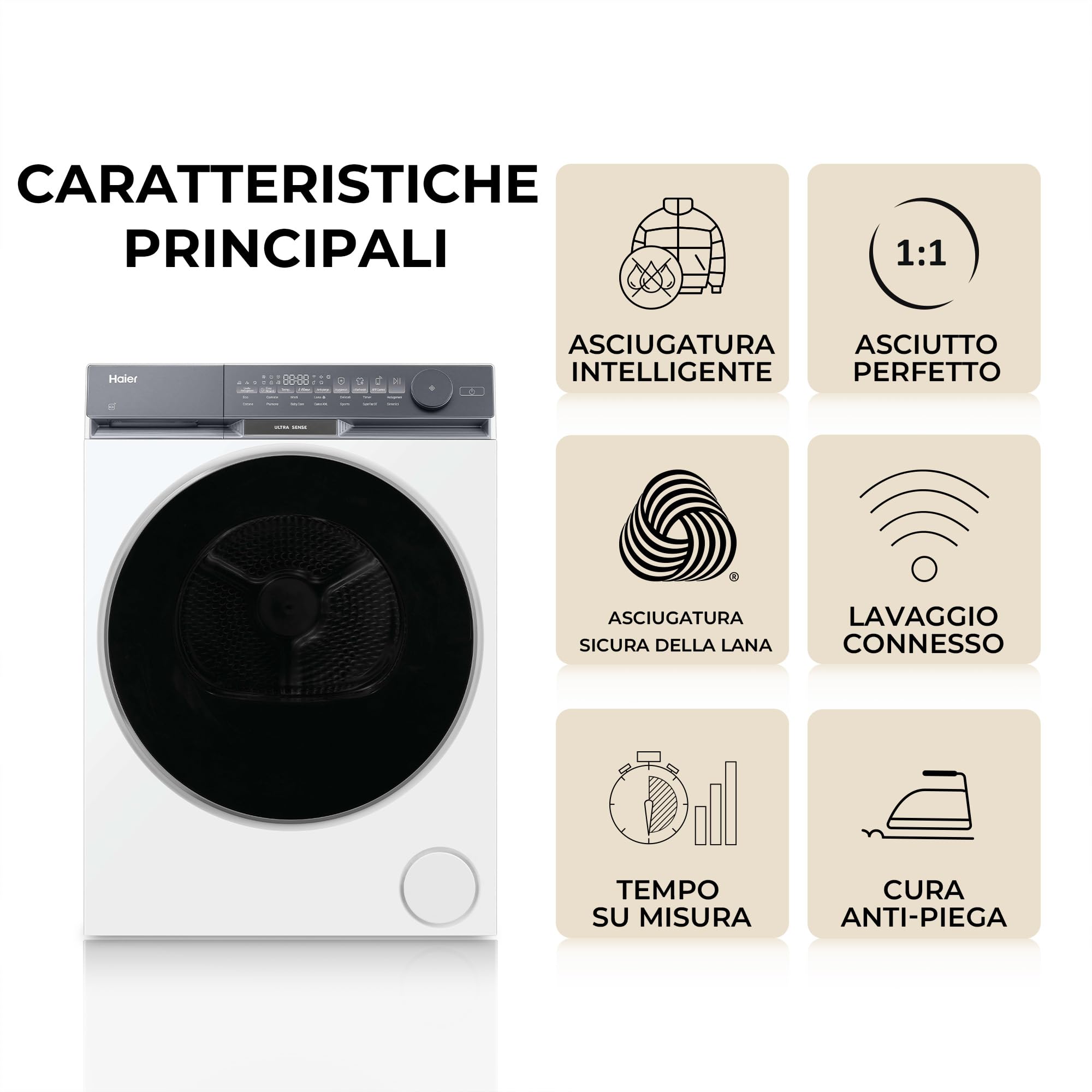 Haier X Serie 9 Asciugatrice 9 Kg a Pompa di Calore, Libera Installazione, Classe C, Ultra Sense 3D Tech, Ultra Reverse Drum, Wi-Fi e App hOn, Filtro 3in1, 84.5x59.5x68.4 cm, Bianca – HD90-CQ387U1-IT