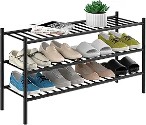3-Tier Bamboo Long Shoe Rack, Free Standing Wood Shoe Shelf Storage Organizer for Closet Entryway Stackable 35"x11"x20" (Black)