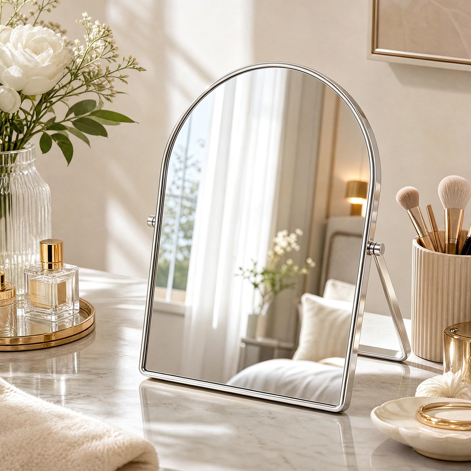 Silver Makeup Mirror Arched Vanity Mirror Large Cosmetic Vanity Mirror Metal Frame with Stand 360° Swivel & Adjustable HD Definition Countertop Tabletop Mirrors for Vanity Dresser, Bedroom, Desk