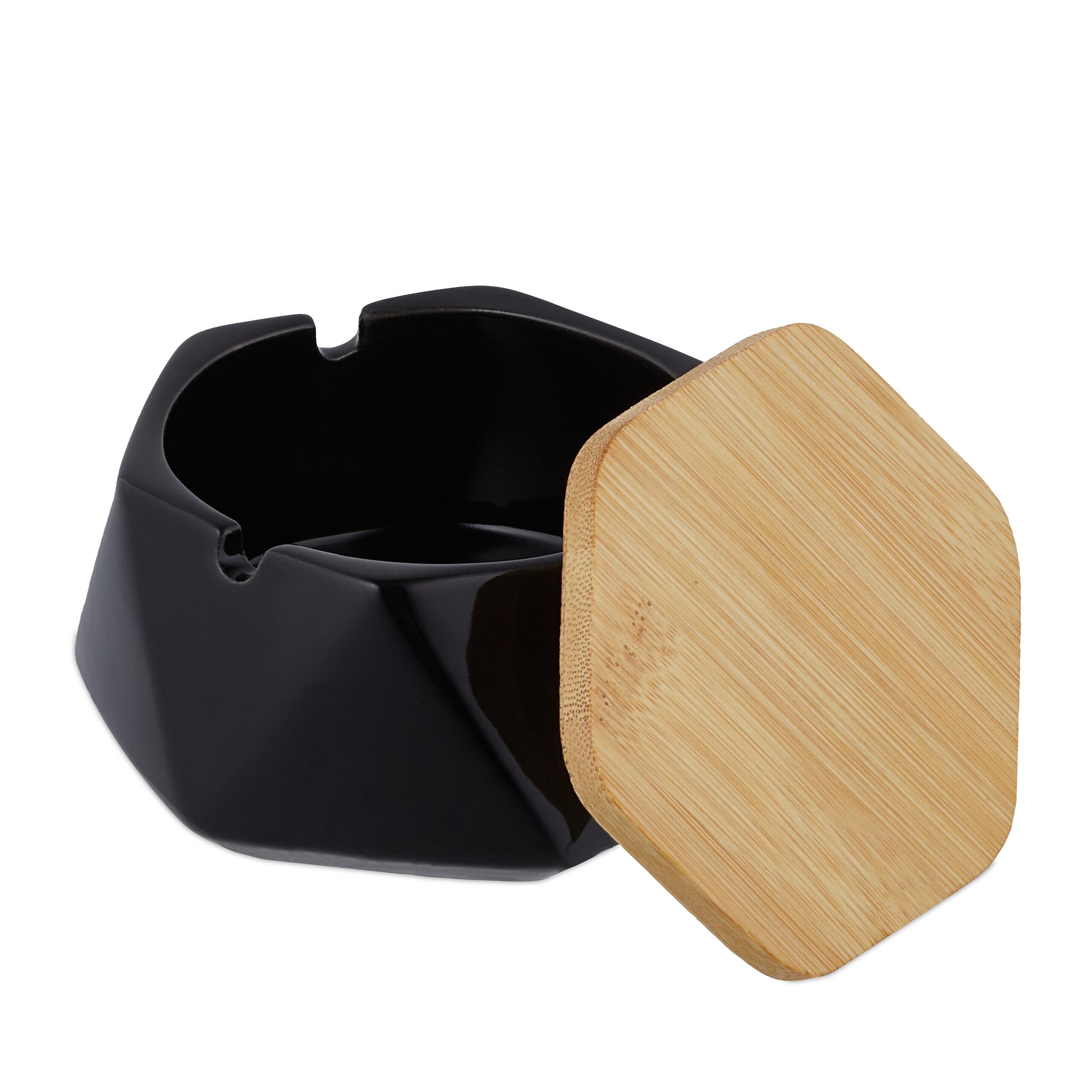 10 posacenere con coperchio, ceramica, interno ed esterno, B x T: 11,5 x 10,5 cm, posacenere antivento, nero/naturale