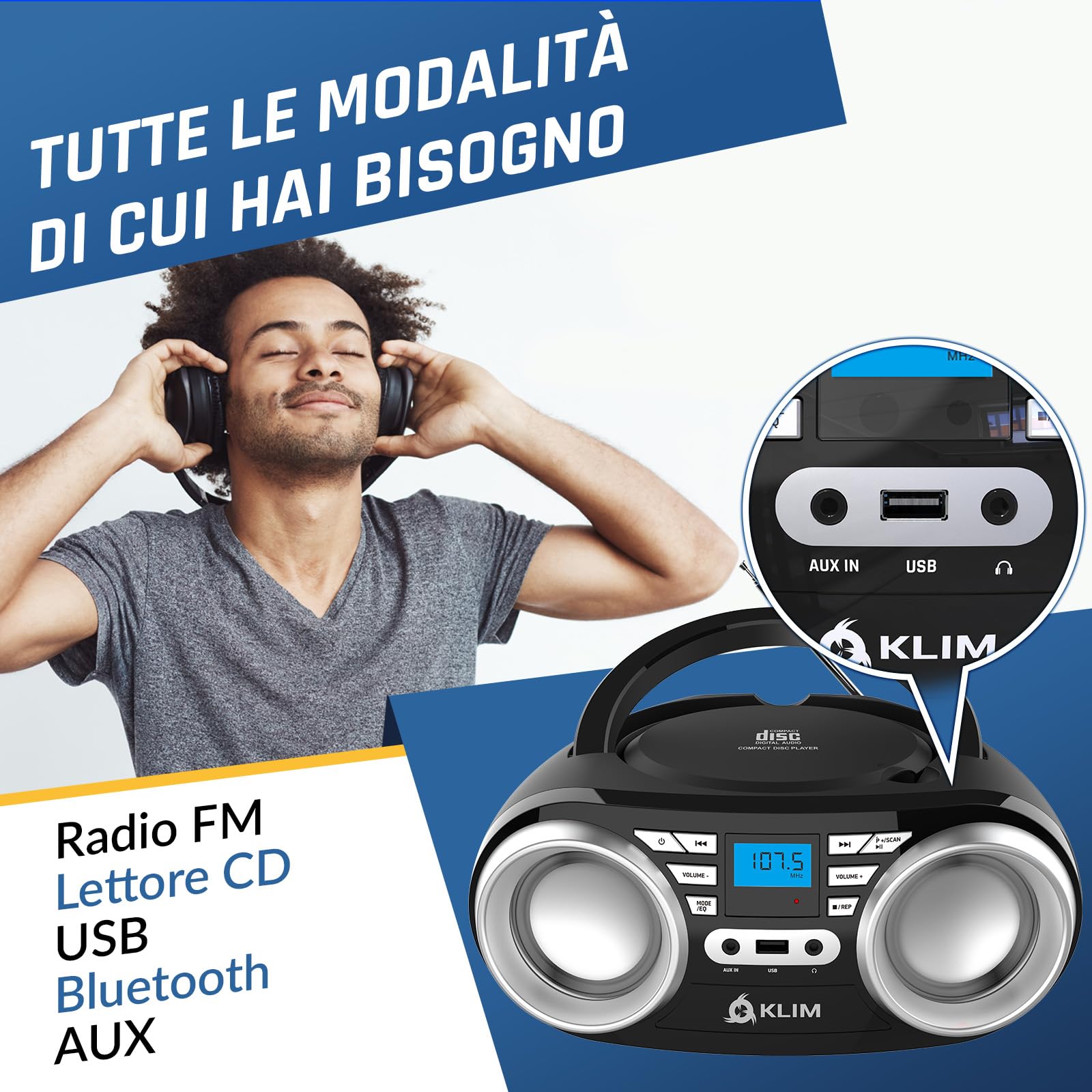 KLIM B3 Lettore CD Portatile Boombox Con Radio FM, Bluetooth, USB e AUX - Doppi Altoparlanti di Alta Qualità, Effetti Sonori EQ, 20 Stazioni Preimpostate, Compatto e Leggero