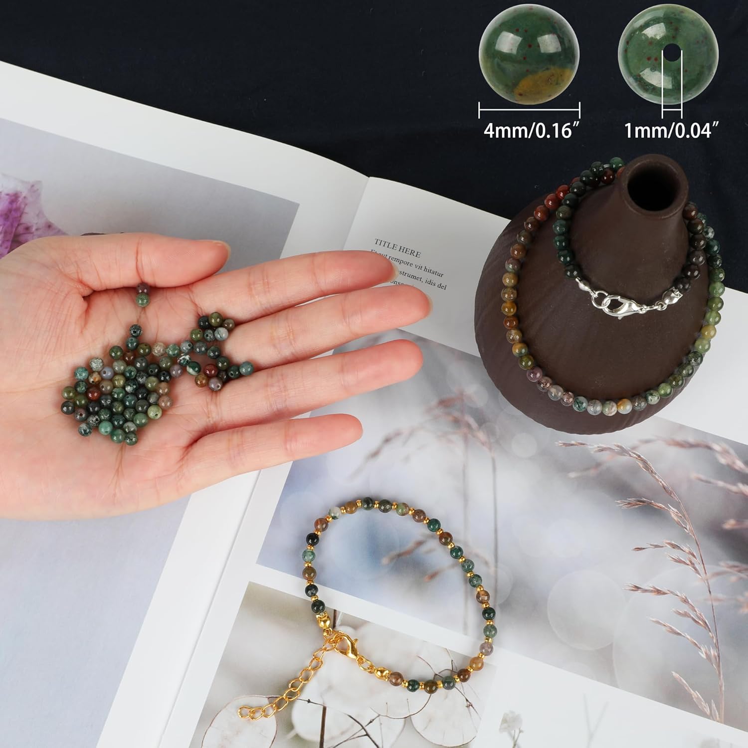 Approx. 180 pieces gemstone beads, round, diameter 4 mm, natural Indian agate, gemstones, semi-precious stones, stone beads, loose beads for bracelets, necklaces, jewellery, crafts, threading