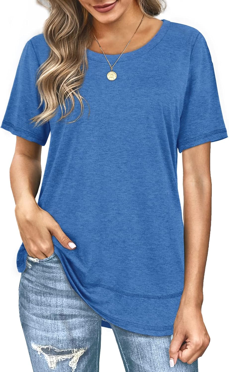 Dofaoo Womens Tops Short Sleeve Summer T-Shirts Curved Hem Casual Fashion Shirts Beach Vacation Clothes