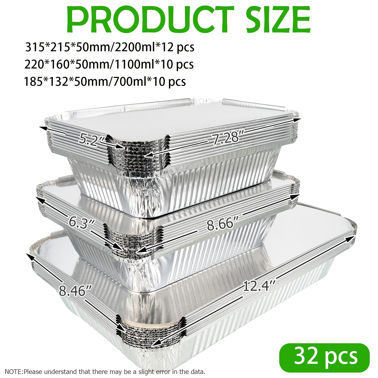 Barquette Aluminium 32 Pièces - 2200ml/1100ml/700ml Avec Couvercle - Pour Barbecue, Cuisiner, Griller, Cuire, Rôtir