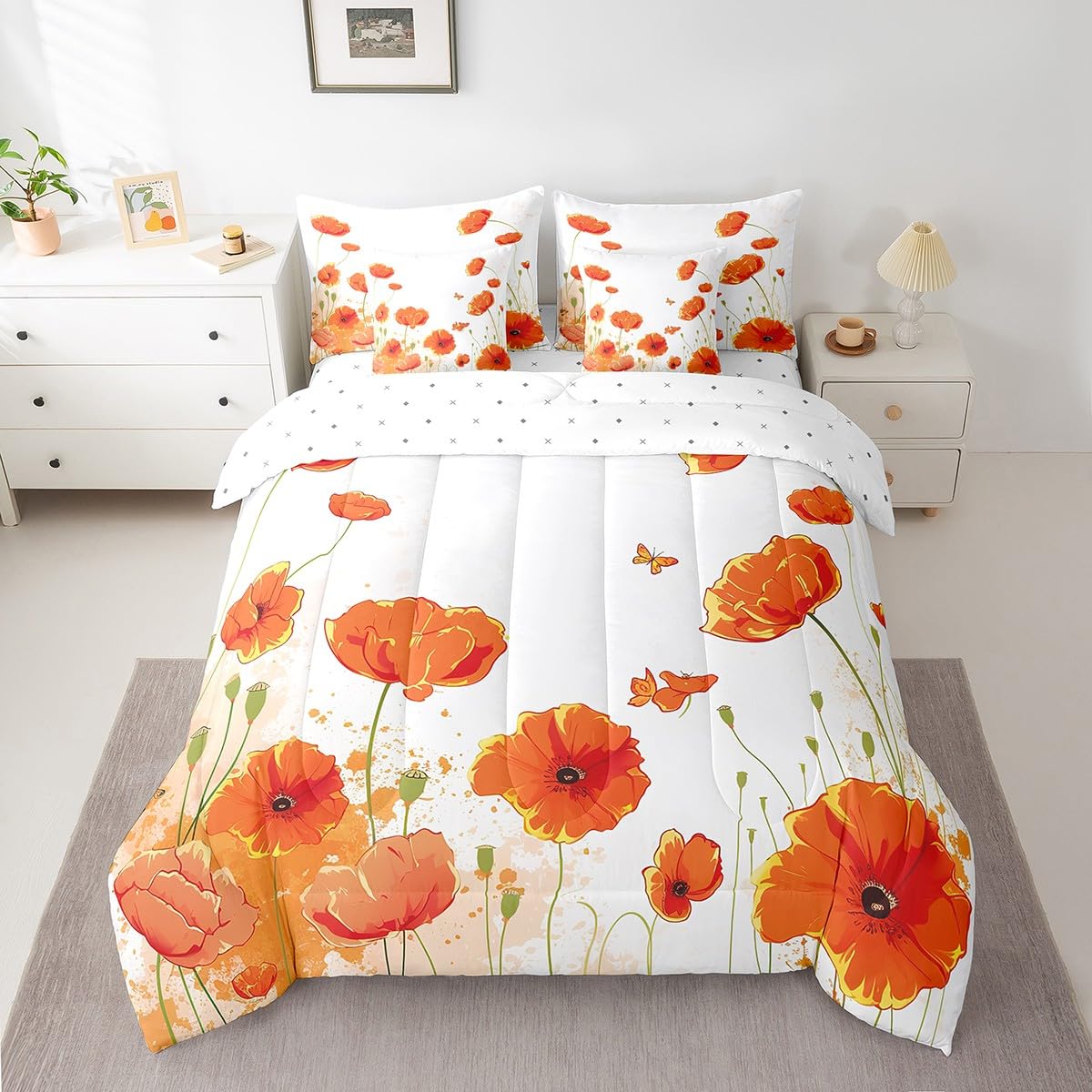 Photo 1 of Manfei 7 Pieces Poppy Kids Comforter Set Twin Size, Orange Flower Butterfly Bedding Set for Boys Girls Adults, Watercolor Floral Bed in a Bag with Comforter, Fitted Sheet, Top Sheet and Pillowcases