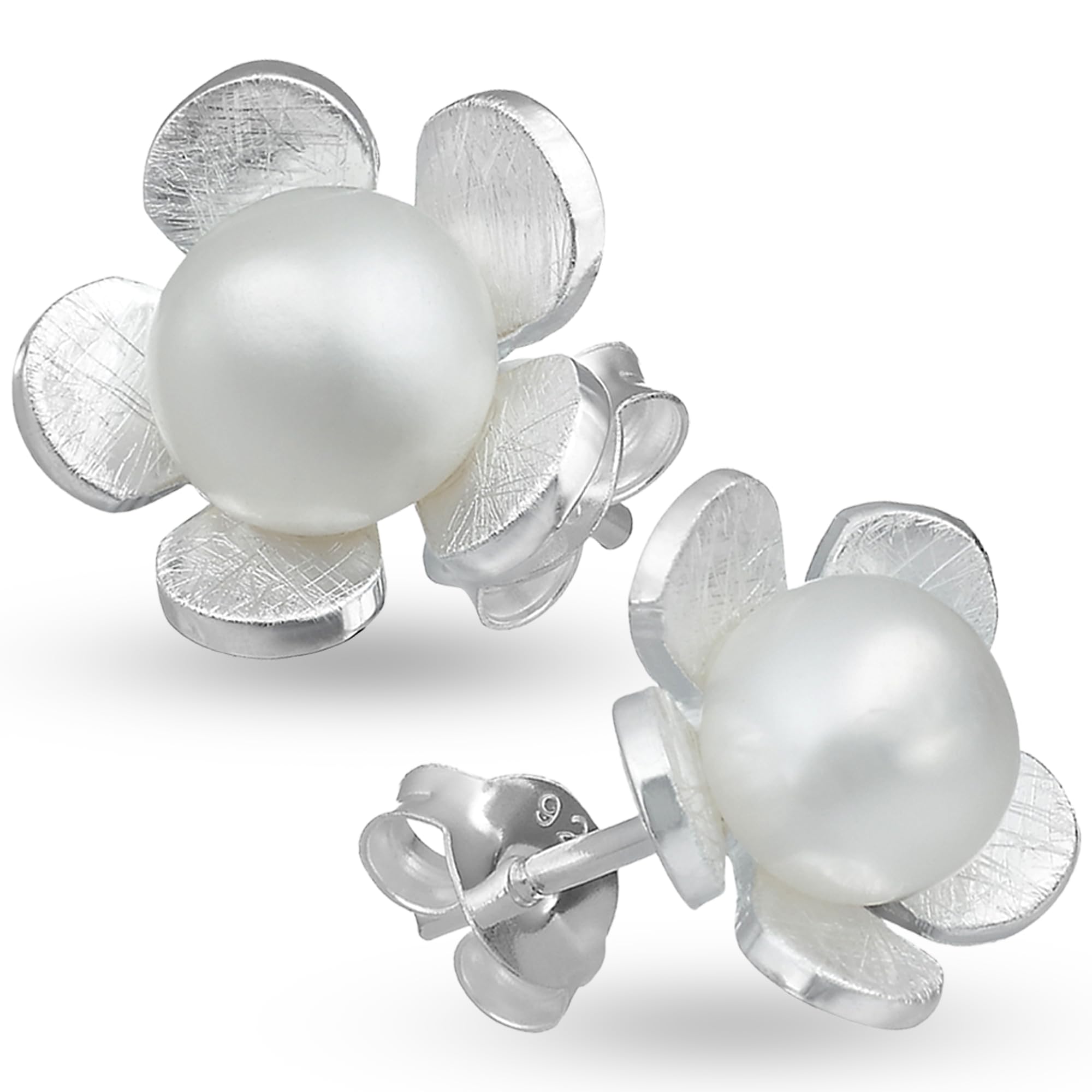 Vinani Ohrstecker Blume mit Natur Perle gebürstet Sterling Silber 925 Ohrringe Blüte 2OBP