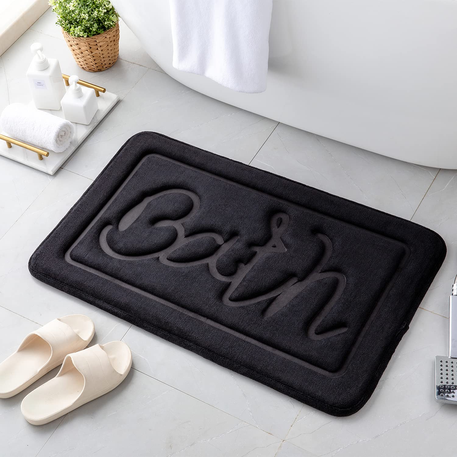 Memory Foam Bath mat Velvet Bathroom Rug Non Slip Bath Rugs for Bathroom Black 16"x24" Bathroom Rugs Carpet Absorbent Soft Fleece Bath Rug Machine Wash for Bathroom,Bedroom, Living Room