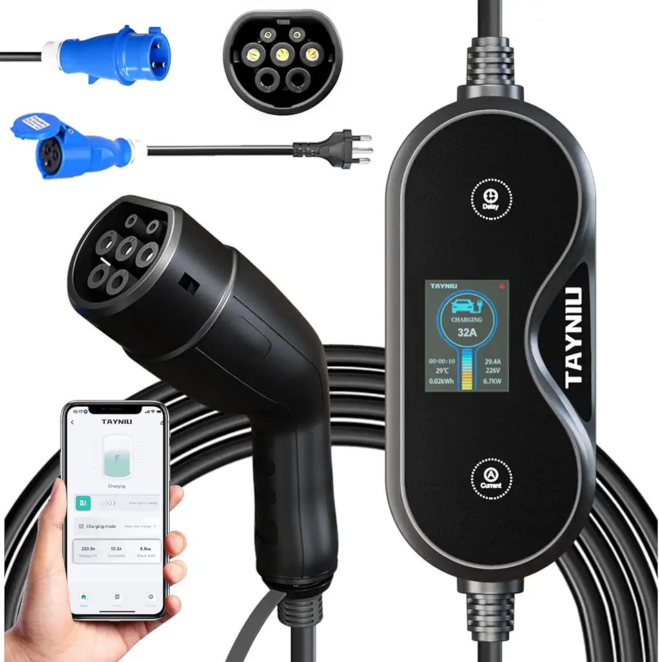 Carregador Portátil para Carro Elétrico 7kW 32A Bivolt, Tipo 2 com App Smart Life, Cabo de 5m, Compatível com BYD Geely BMW Volvo e Outros - TAYNIU Panda