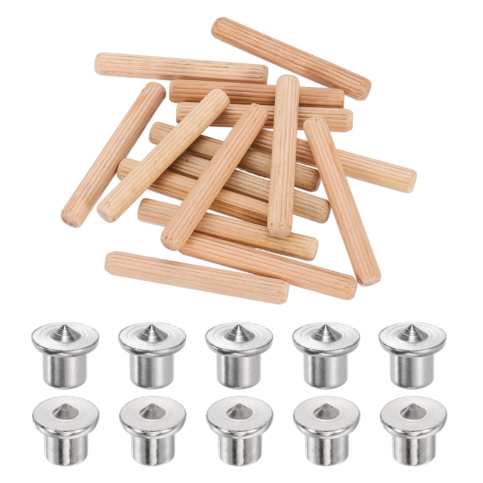 sourcing map 150Pcs Wood Dowel Pins, 8 x 60 mm Wooden Dowel Rods Straight Grooved Pins with 10Pcs Solid Hollow Dowels Tenon Center Transfer Plugs for Furniture Woodworking DIY Project