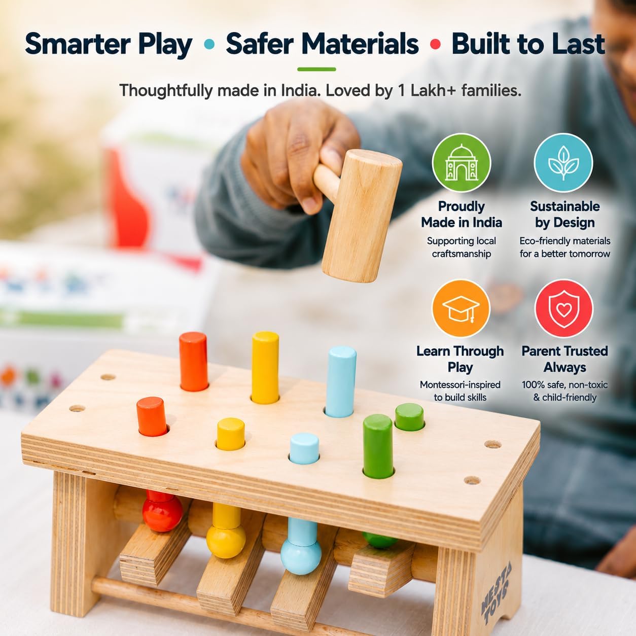 NESTA TOYS Wooden Pounding Bench Toy with Mallet | 8 Colourful Pegs - Flip, Pound & Repeat | Musical Toy - Sound on Every Hit | Builds Hand-Eye Coordination & Cause-Effect Learning | Ages 1-3 Years 2