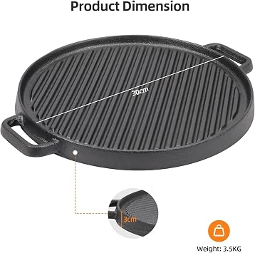 Warmiehomy Cast Iron Griddle Pan,Double-Sided Non-Stick Pre-Seasoned Cast Iron Skillet BBQ Grill Pan for Gas Electric and Oven Safe,30cm Round