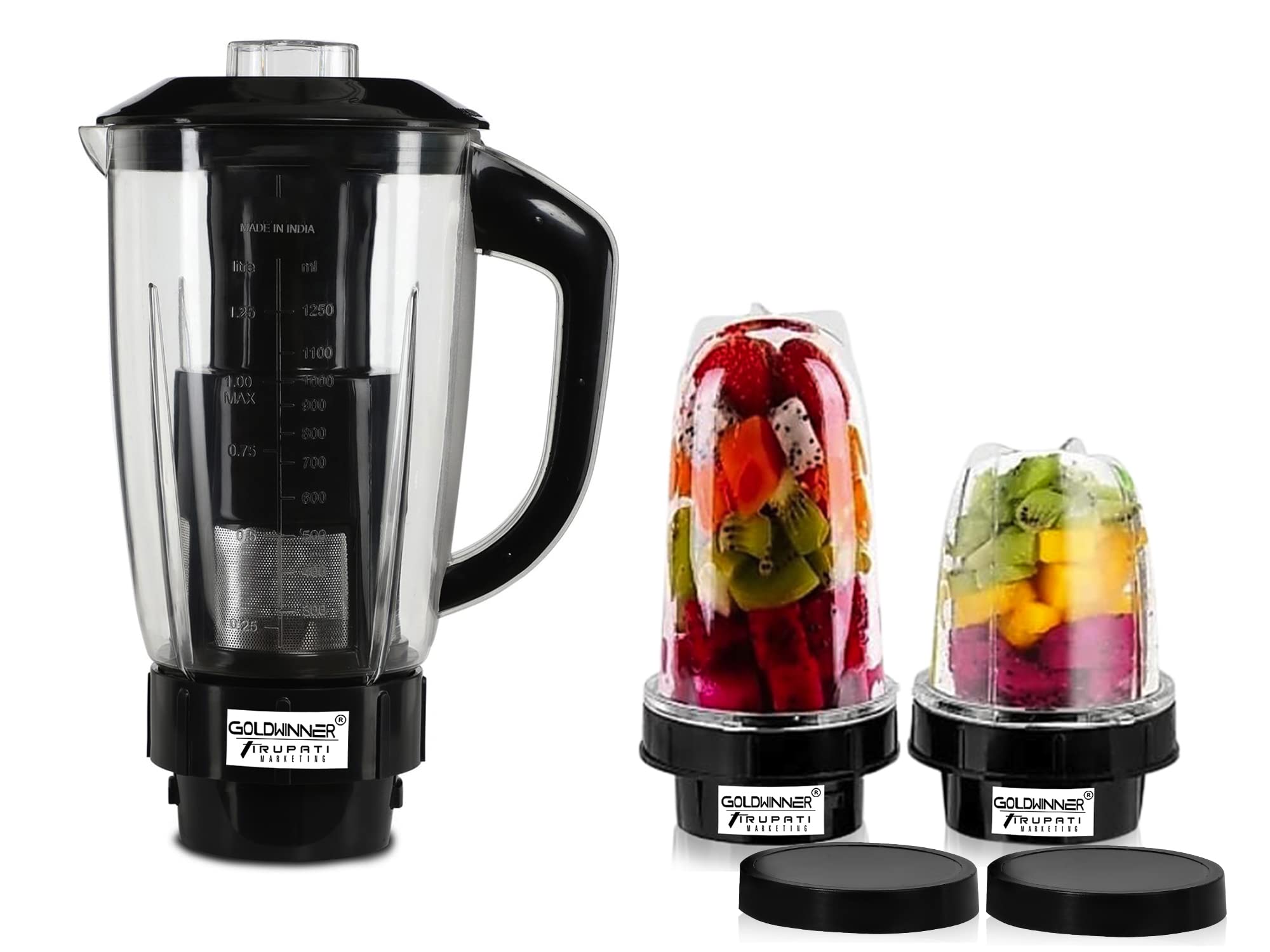 Goldwinner Juicer Jar Heavy Bullet Jar for Mixer Grinder Set of 3 Juicer Jar ABS Plastic Capacity (1500ML, 350ML & 530ML) Fruit Filter Plastic, Black Mixer Juicer Jar-image-49