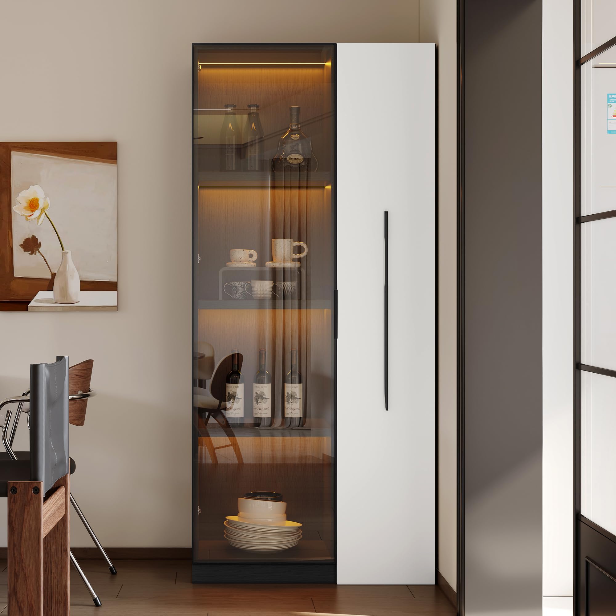 Merax Vetrina 70 × 40 × 160 cm, libreria con porta in vetro temperato, telaio in alluminio, estrattore laterale e cassetto, con ruote e illuminazione a LED, per soggiorno e sala da pranzo