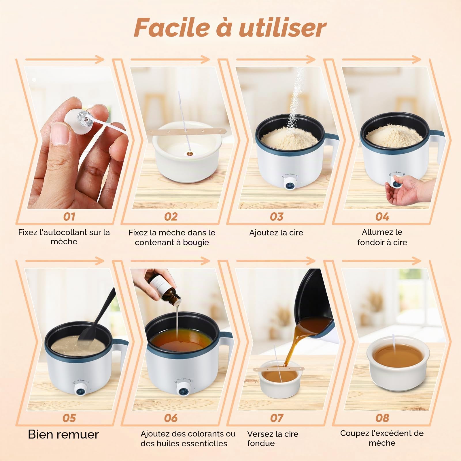 Fondoir Chauffe Cire Bougie,1.8 L Electrique Fondre Cire Bougie avec Bec Verseur, Autocollants pour Mèches, Dispositif de Centrage et Cuillère, kit Fabrication bougie kit Fabrication pour Débutants.