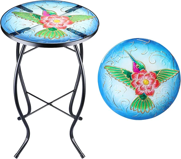 VCUTEKA Patio Side Table Outdoor Accent Table Bistro Coffee Table Plant End Table Small Porch Table Indoor Round Glass Balcony Plant Table Stands Hummingbird 14''
