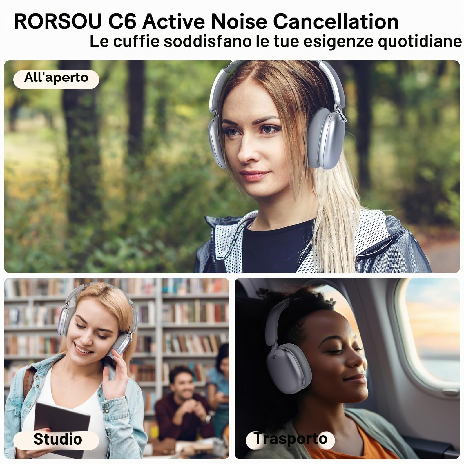 Cuffie Wireless Bluetooth con Cancellazione Attiva del Rumore, Over Ear Piegevoli, Bassi Comfort, Microfono Argento C6