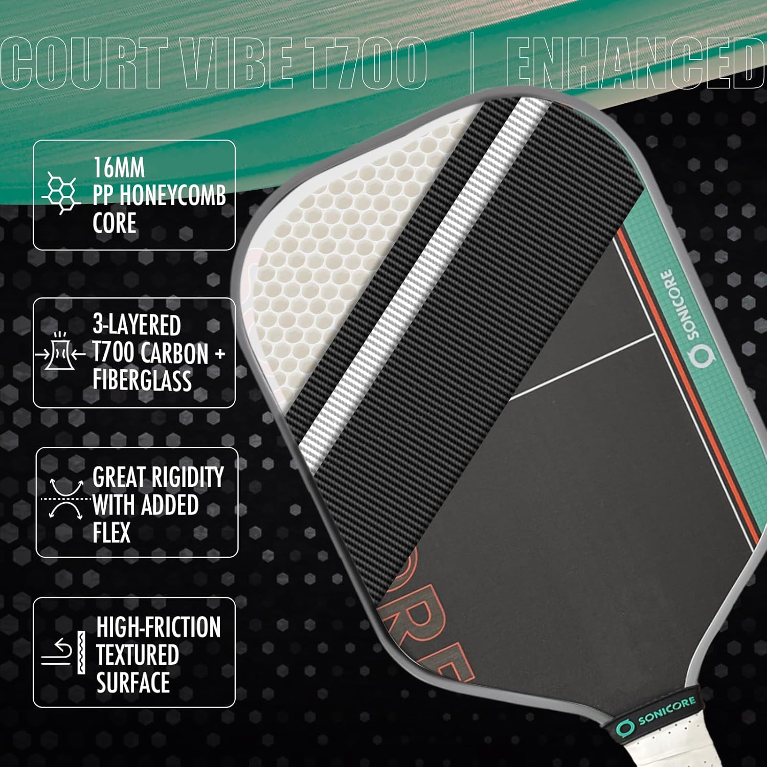 Pickleball Paddle Set, T700 Carbon Fiber, 16mm Core for Control & Spin, Includes 1 Paddle, Paddle Sleeve Cover, 2 Wristbands & 1 Grip Tape | Sonicore CourtVibe