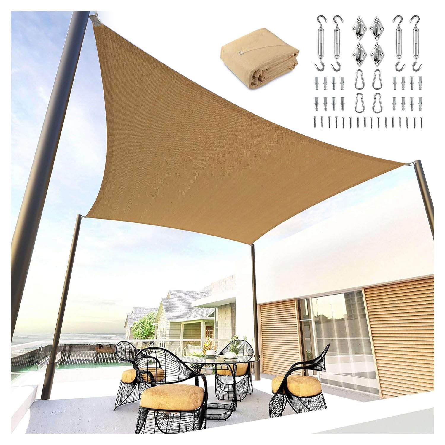 185 GSM Waterproof Rectangular Sun Shade Sail Shelter, 95% UV Block Awning Shelter Rectangular Curved Canopy, Fabric Sun Shade for Outdoor Pool Backyard & Garden, Rectangle Shade Canopy with Fix Kit
