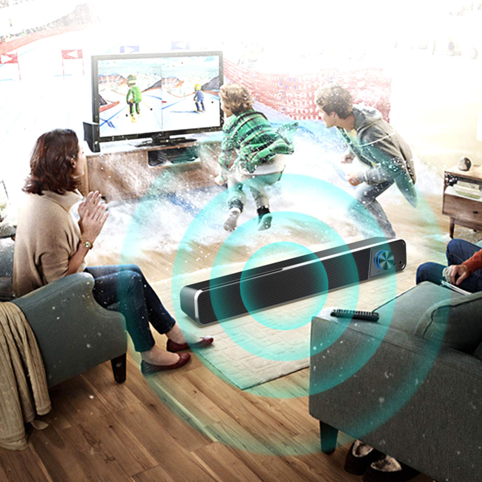 Soundbar przewodowy i bezprzewodowy, Soundbar TV Bluetooth, Sound Bar Głośniki audio (4 sterowniki, Bluetooth, kabel optyczny w zestawie, regulacja tonów niskich) Dźwięk przestrzenny 3D, biały The New